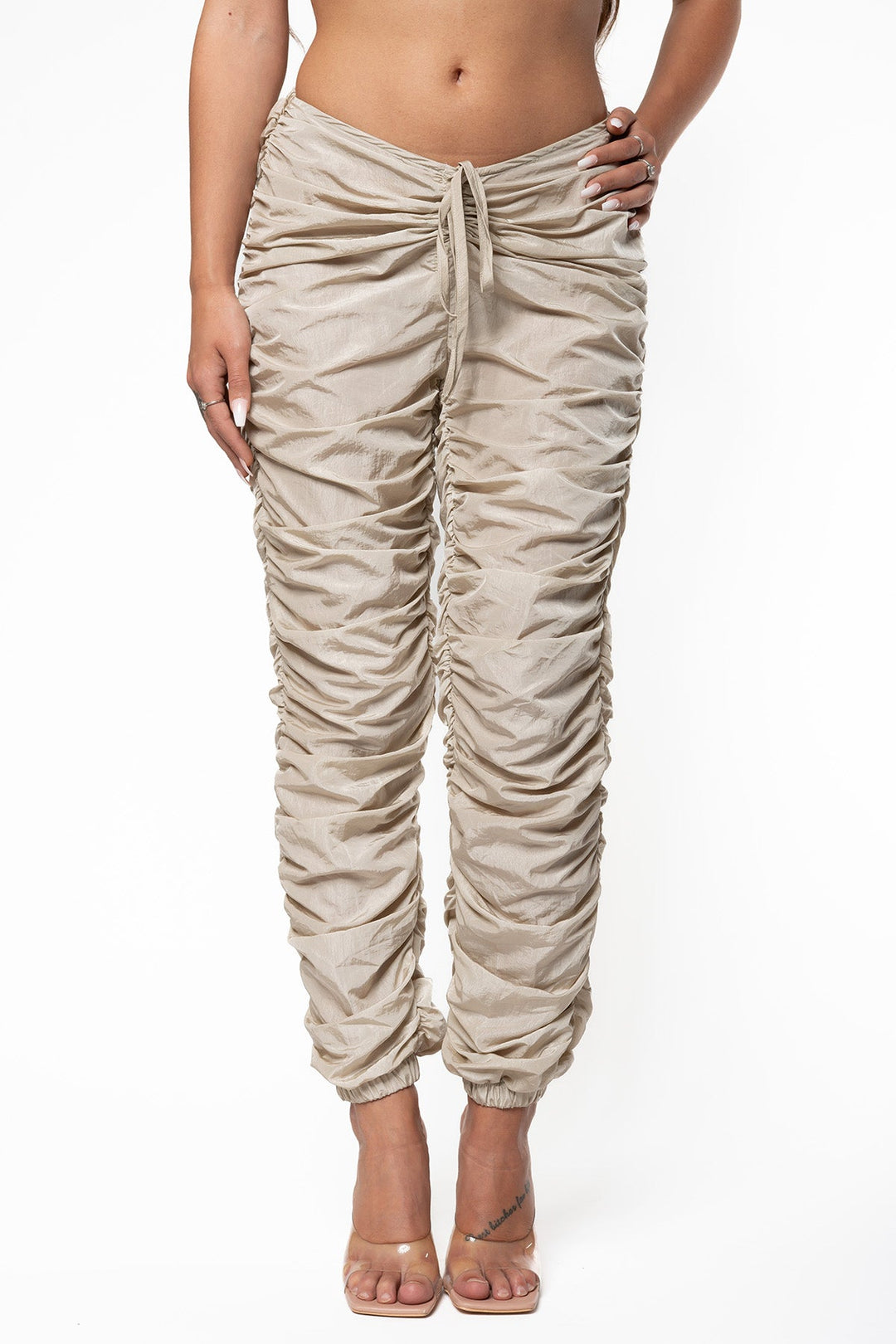 Jenny V Ruched Pants - Beige Pants Routines Fashion