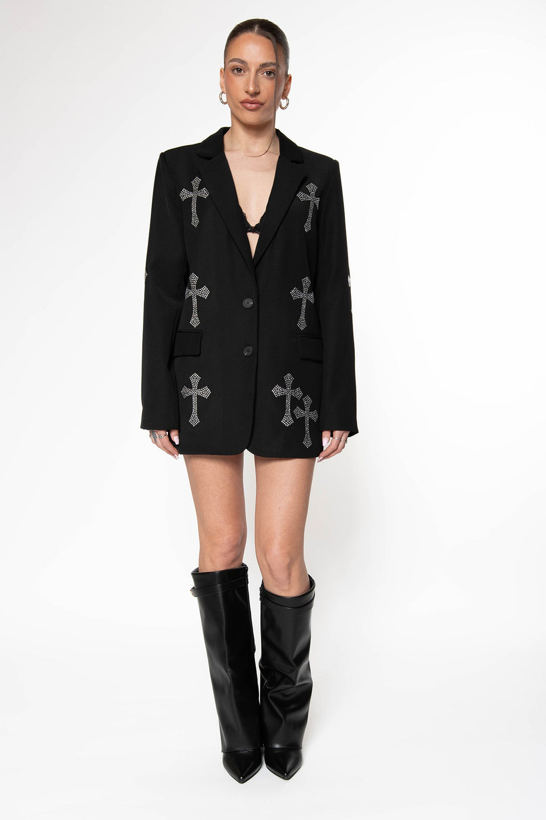 Routines Rhinestone Cross Blazer - Black Blazer Routines Fashion
