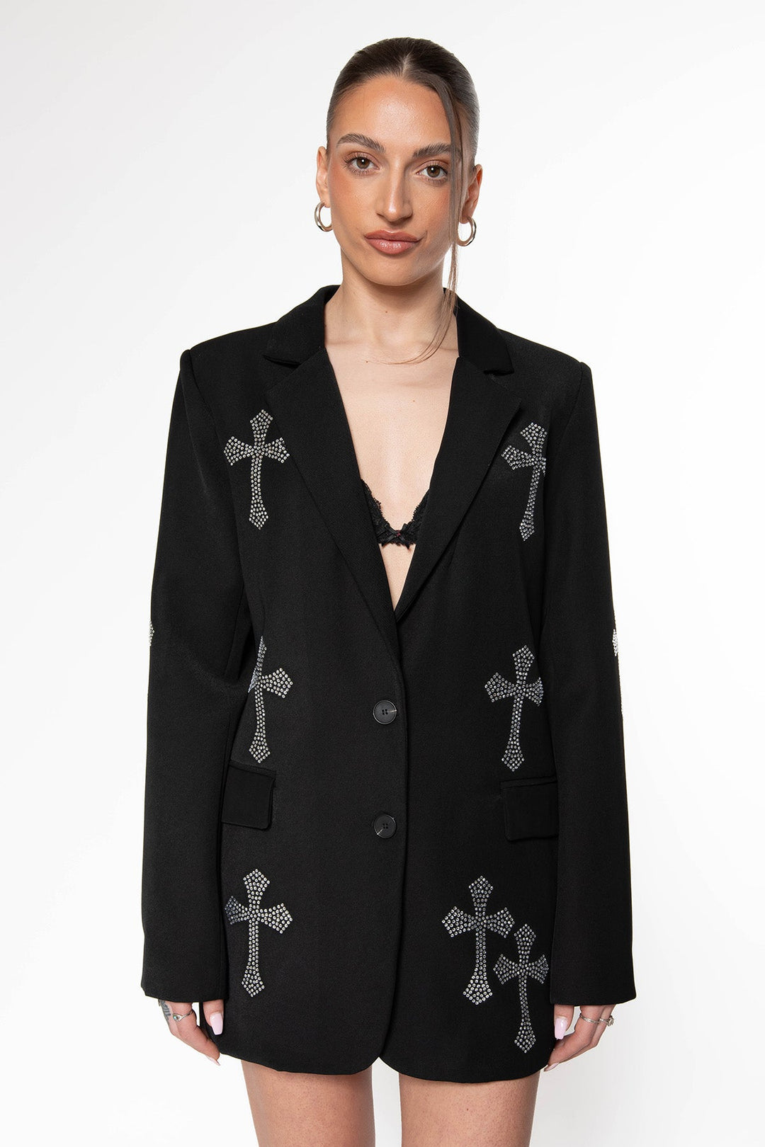 Routines Rhinestone Cross Blazer - Black Blazer Routines Fashion