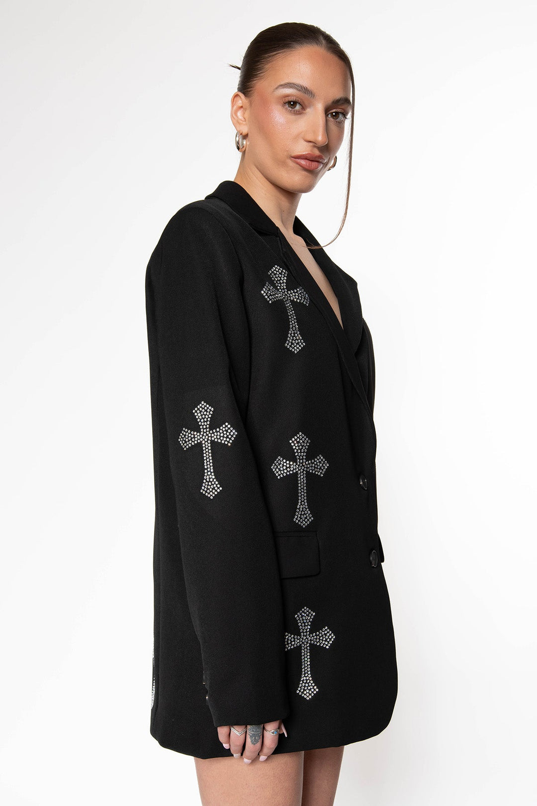 Routines Rhinestone Cross Blazer - Black Blazer Routines Fashion