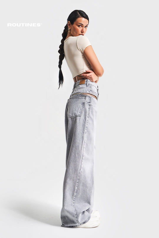 Routines Zippers Baggy Jeans - Washed Grey 3837-4S5 Jeans Routines Fashion