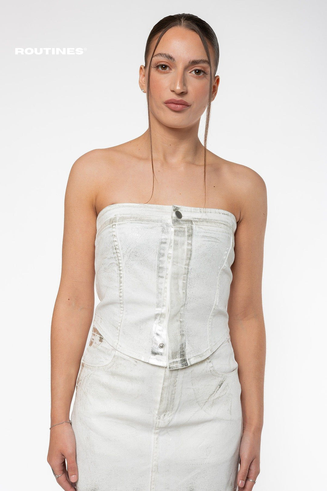 Breana Metallic Stretch Denim Top - White Top Routines Fashion   