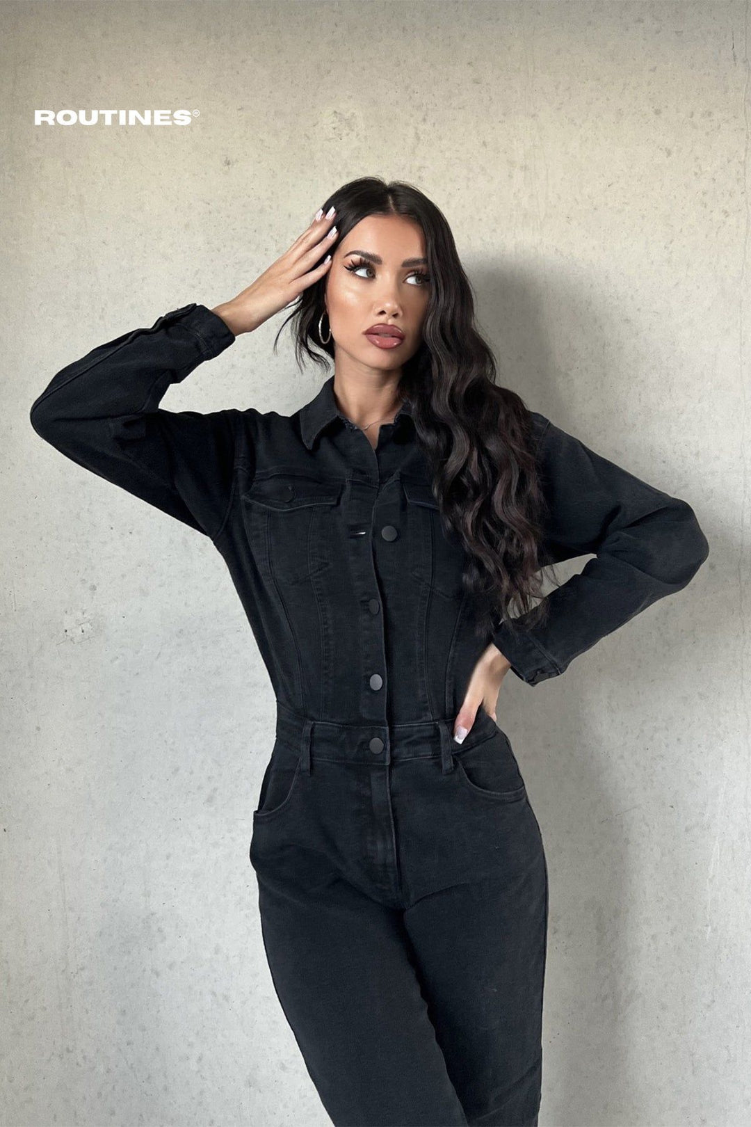 Gabriella Stretch Denim Jumpsuit - Black Jumpsuit Routines Fashion   