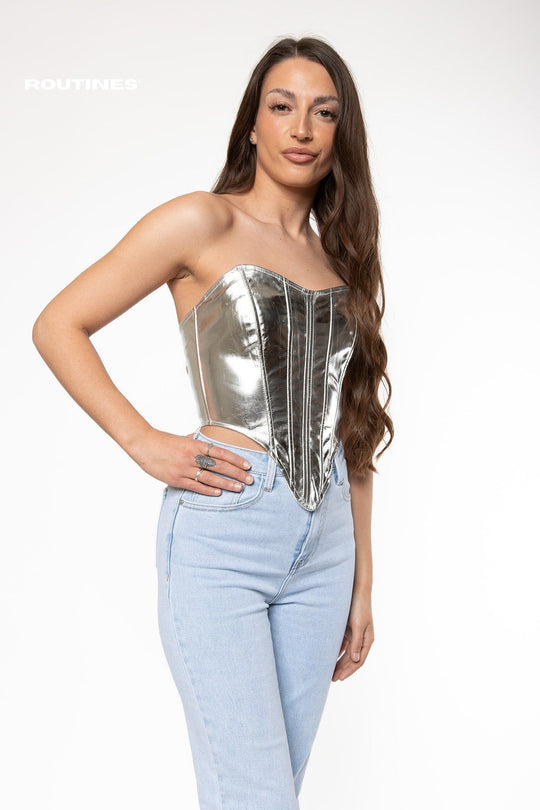 Hether Metallic Corset Top - Silver Top Routines Fashion   