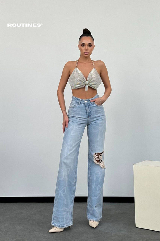 Routines Bow Ripped Straight Leg Jeans 1268-1 Jeans Routines Fashion   