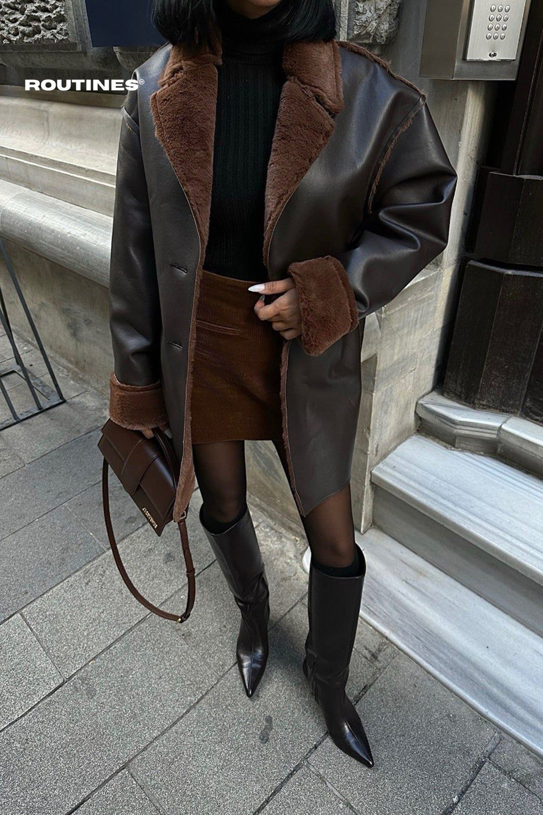 Routines Faux Leather Fur Blazer - Brown 7067 Blazer Routines Fashion   