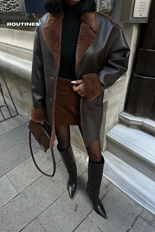 Routines Faux Leather Fur Blazer - Brown 7067 Blazer Routines Fashion   