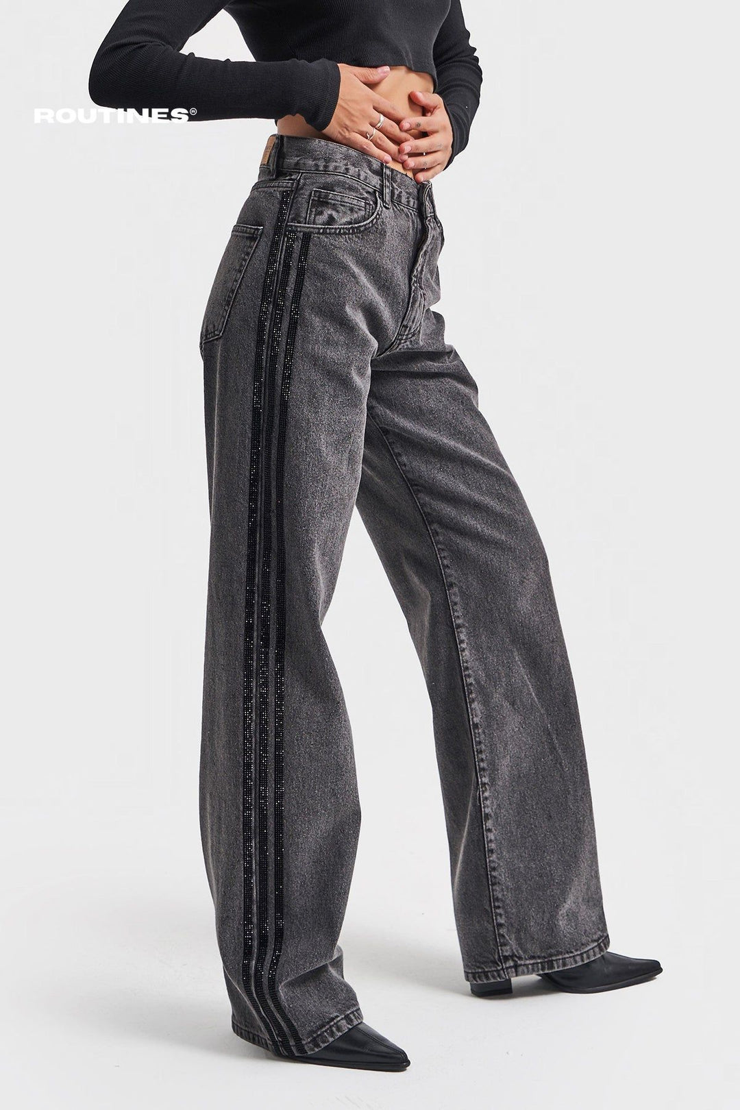 Routines Glitter Striped Straight Jeans - Washed Grey 6004 Jeans Routines Fashion