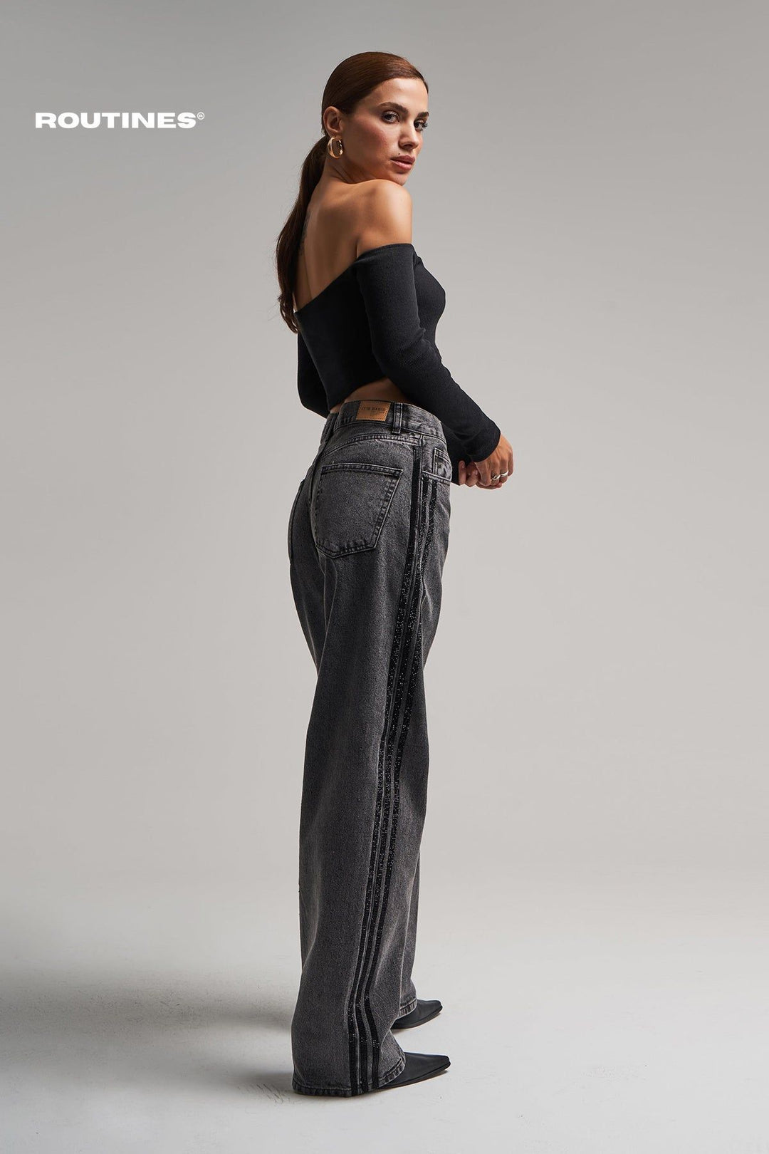 Routines Glitter Striped Straight Jeans - Washed Grey 6004 Jeans Routines Fashion