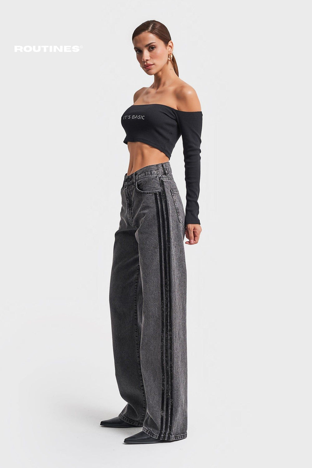 Routines Glitter Striped Straight Jeans - Washed Grey 6004 Jeans Routines Fashion