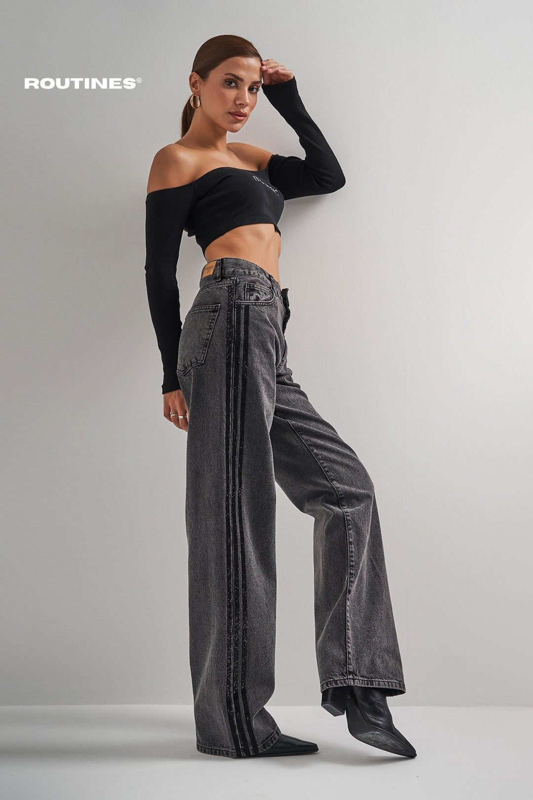 Routines Glitter Striped Straight Jeans - Washed Grey 6004 Jeans Routines Fashion