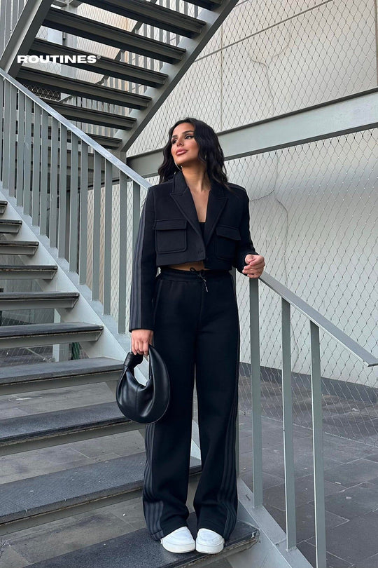 Routines Inspired Striped Two Piece Jogger Set - Black 3001 Set Routines Fashion   
