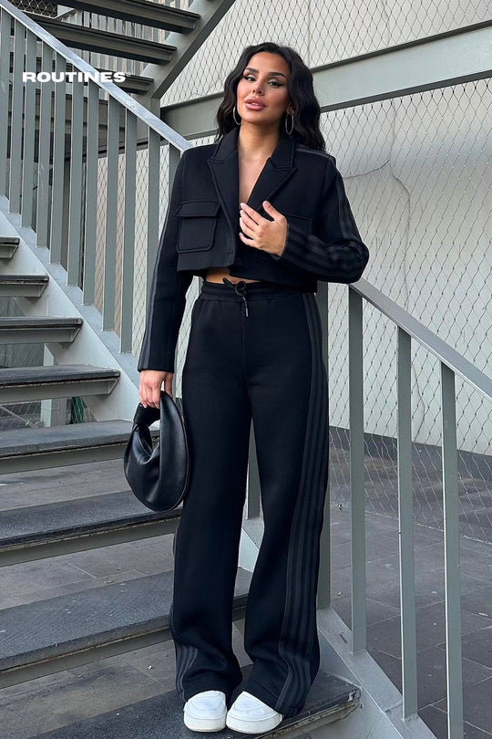 Routines Inspired Striped Two Piece Jogger Set - Black 3001 Set Routines Fashion   