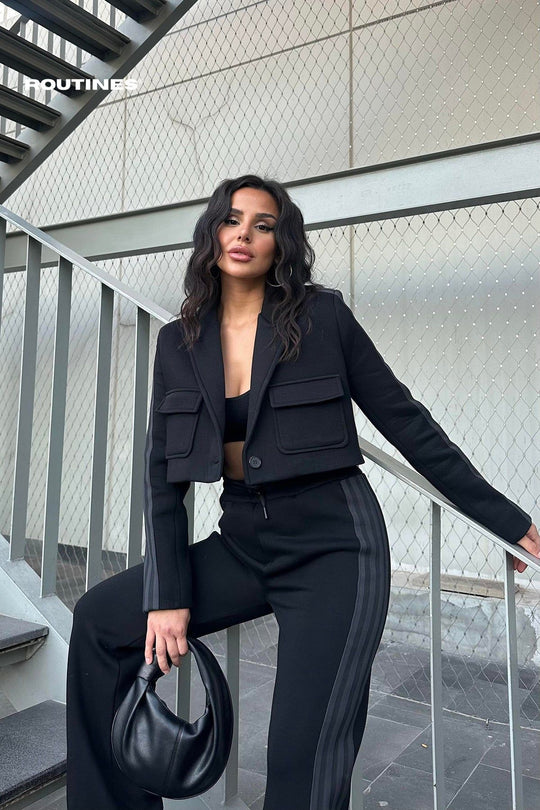 Routines Inspired Striped Two Piece Jogger Set - Black 3001 Set Routines Fashion   