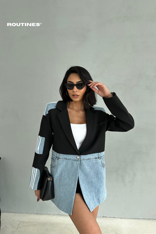 Routines Oversized Striped Denim Blazer - Black 1465 Blazer Routines Fashion