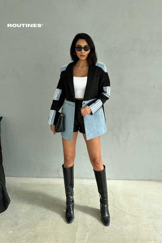 Routines Oversized Striped Denim Blazer - Black 1465 Blazer Routines Fashion