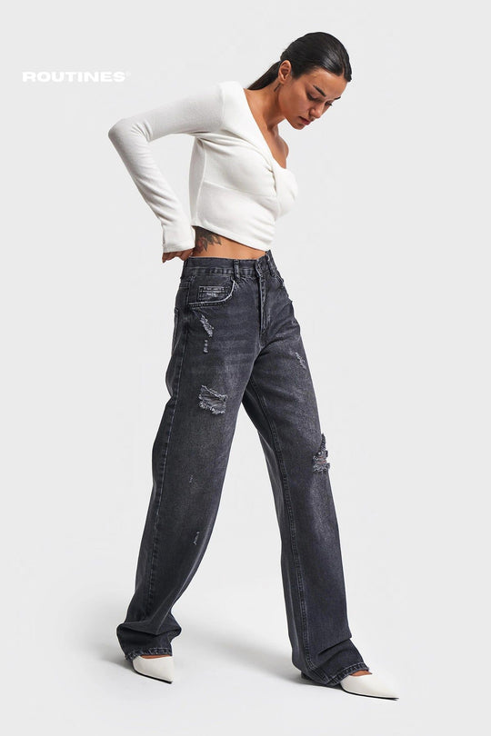 Routines Ripped Straight Leg Jeans - Black 3451 Jeans Routines Fashion   