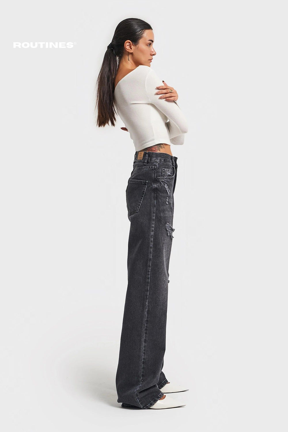Routines Ripped Straight Leg Jeans - Black 3451 Jeans Routines Fashion   