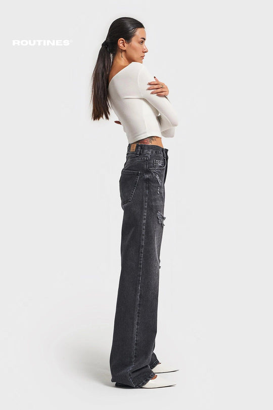 Routines Ripped Straight Leg Jeans - Black 3451 Jeans Routines Fashion   