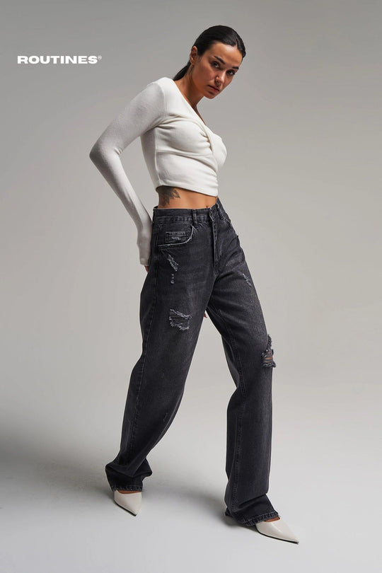 Routines Ripped Straight Leg Jeans - Black 3451 Jeans Routines Fashion   