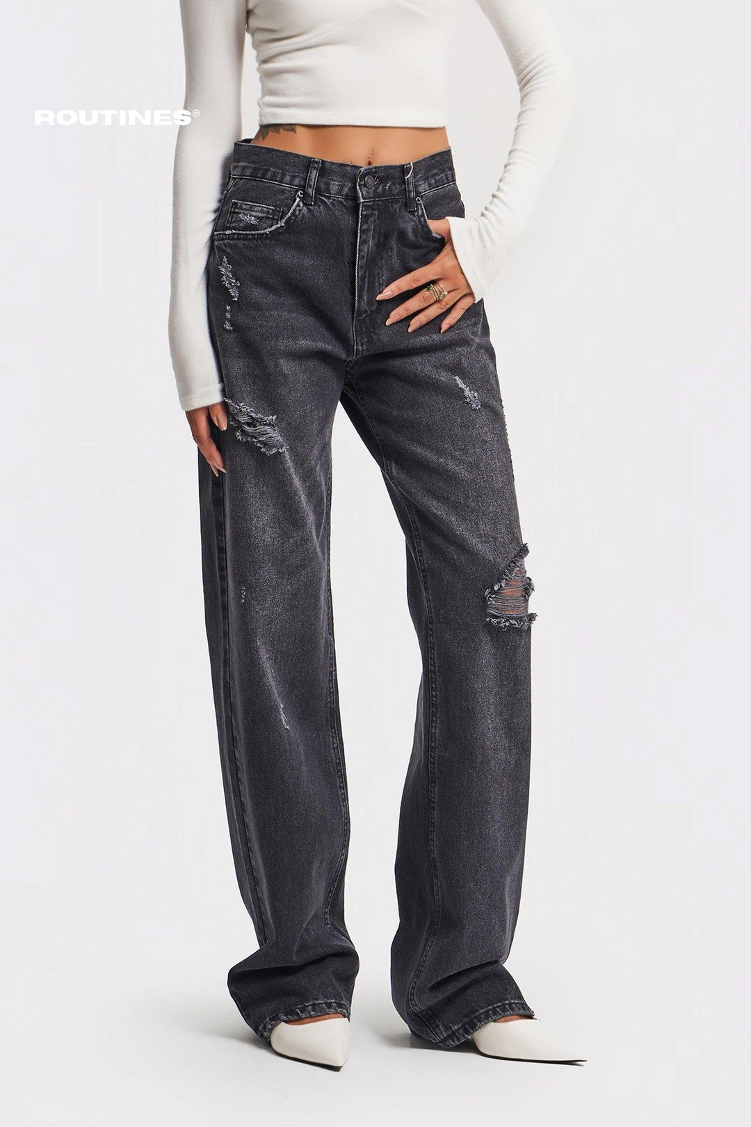 Routines Ripped Straight Leg Jeans - Black 3451 Jeans Routines Fashion   