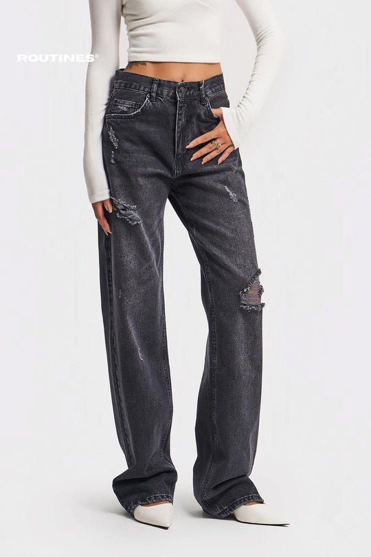 Routines Ripped Straight Leg Jeans - Black 3451 Jeans Routines Fashion   