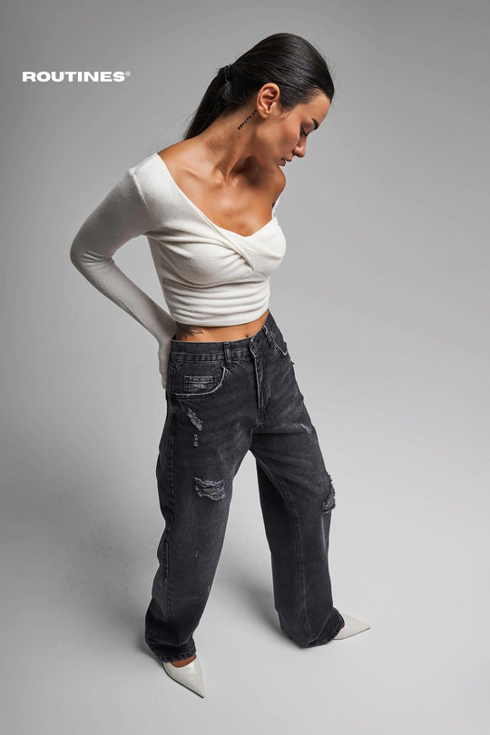Routines Ripped Straight Leg Jeans - Black 3451 Jeans Routines Fashion   