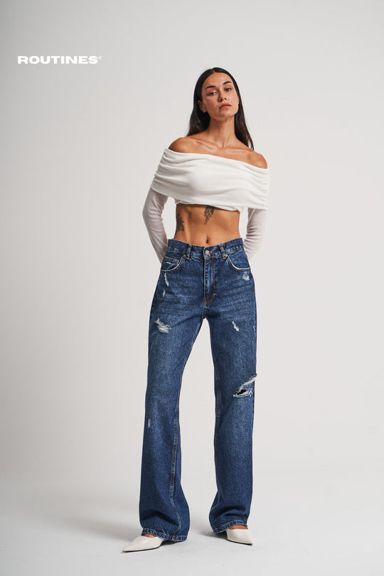 Routines Ripped Straight Leg Jeans - Blue 3451 Jeans Routines Fashion   
