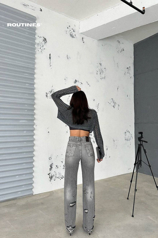 Routines Ripped Straight Leg Jeans - Grey 2335 Jeans Routines Fashion   