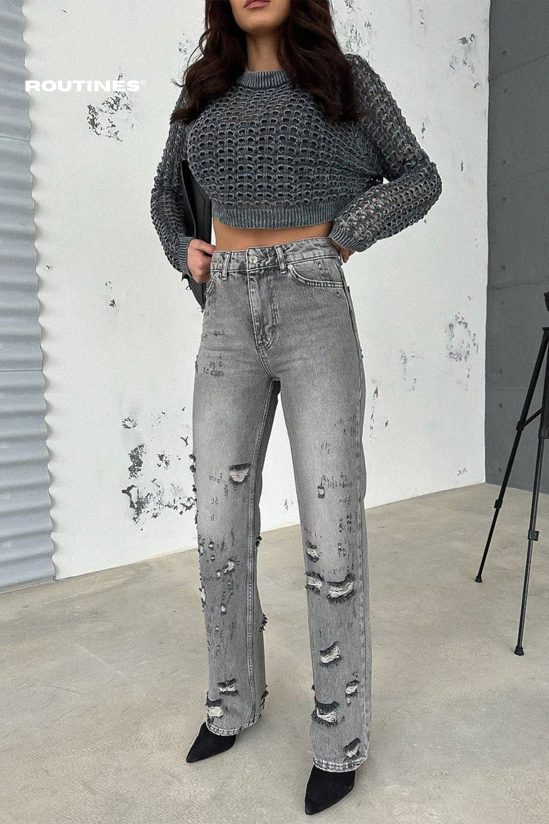 Routines Ripped Straight Leg Jeans - Grey 2335 Jeans Routines Fashion   