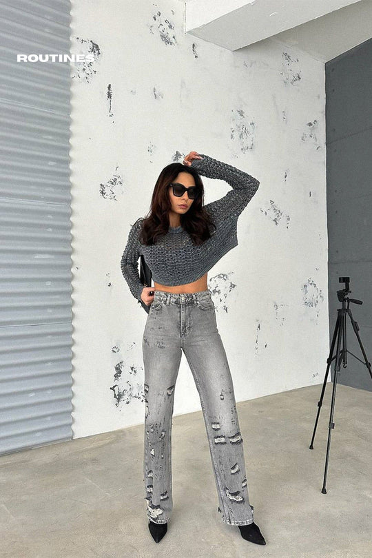 Routines Ripped Straight Leg Jeans - Grey 2335 Jeans Routines Fashion   