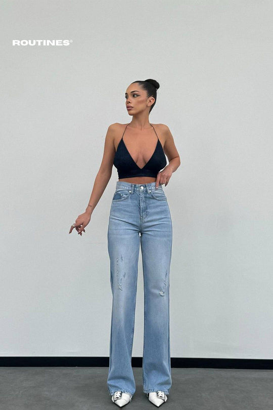 Routines Striped Straight Leg Jeans - Blue 1250 Jeans Routines Fashion   