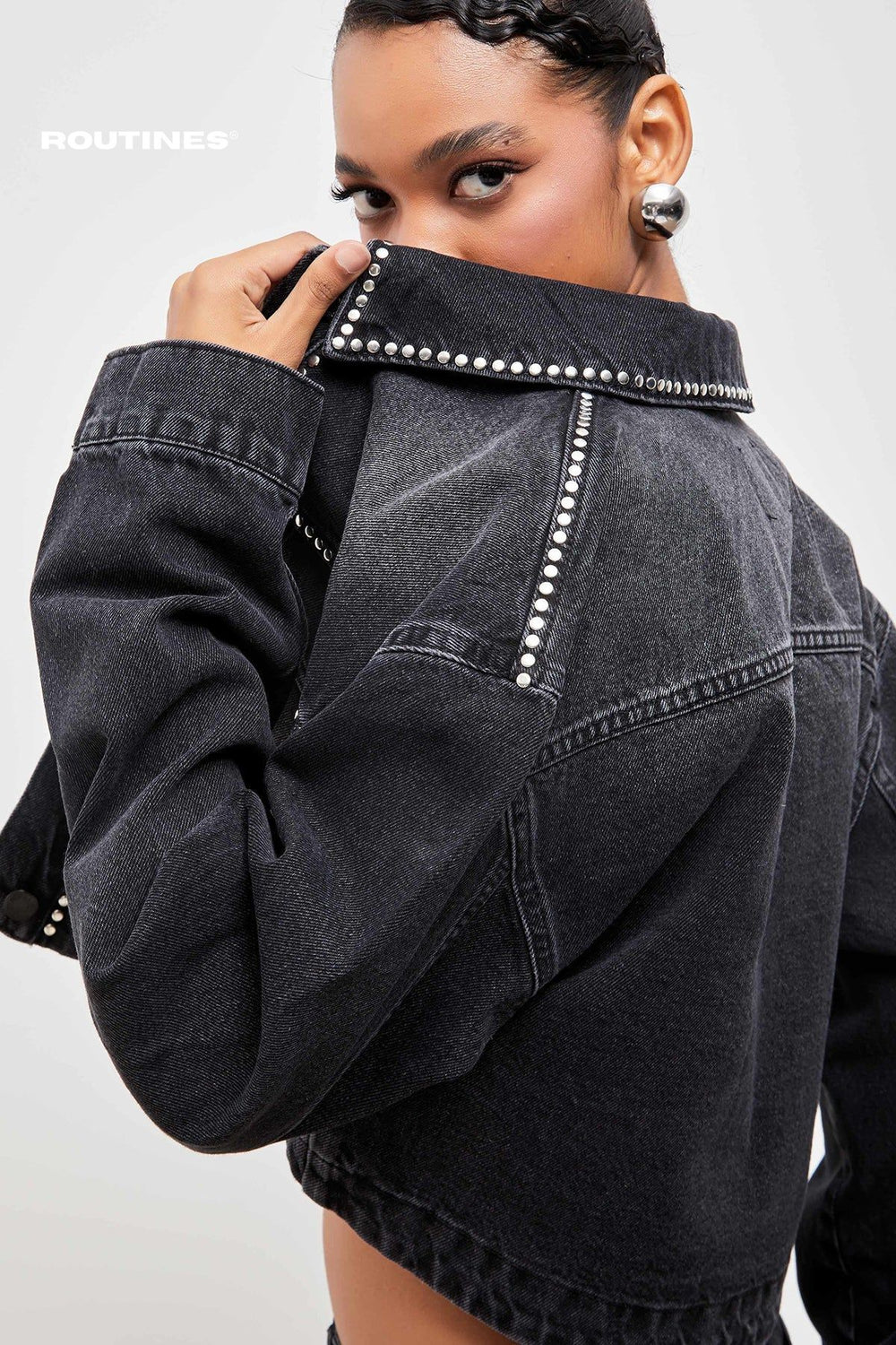 Routines Studs Denim Cropped Jacket - Black 3553 Jacket Routines Fashion   