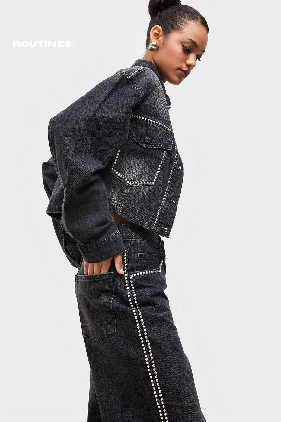 Routines Studs Denim Cropped Jacket - Black 3553 Jacket Routines Fashion   