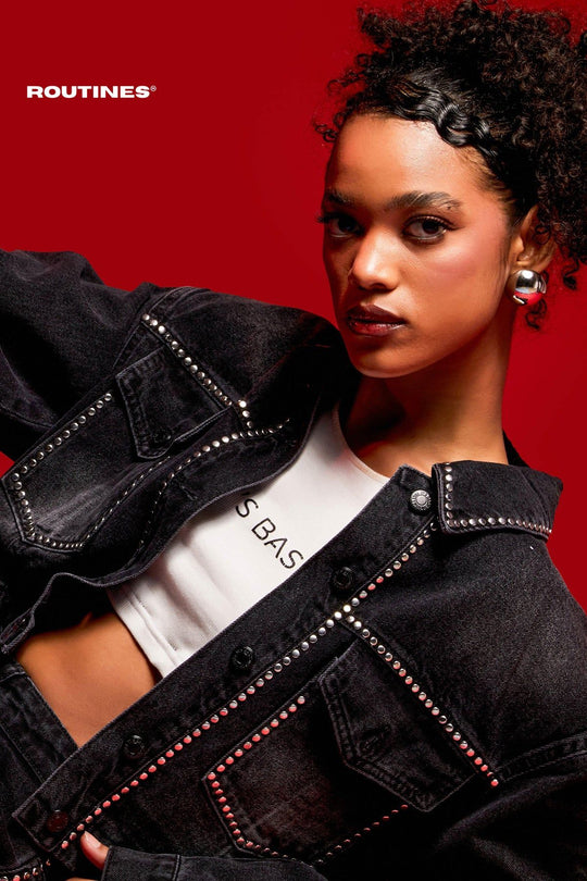 Routines Studs Denim Cropped Jacket - Black 3553 Jacket Routines Fashion   