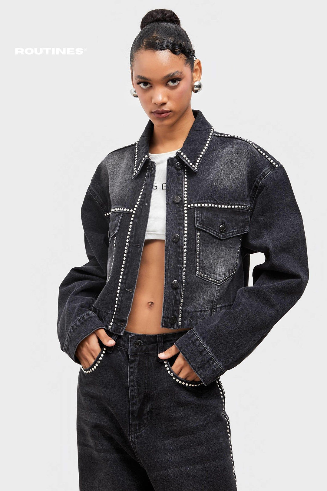 Routines Studs Denim Cropped Jacket - Black 3553 Jacket Routines Fashion   