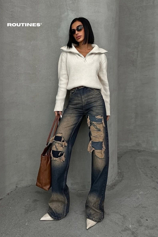 Routines Vintage Ripped Straight Leg Jeans 1372-1 Jeans Routines Fashion
