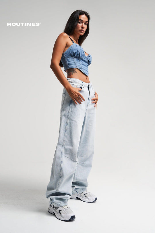 Routines Washed Baggy Straight Leg Jeans 3043-1 Jeans Routines Fashion   