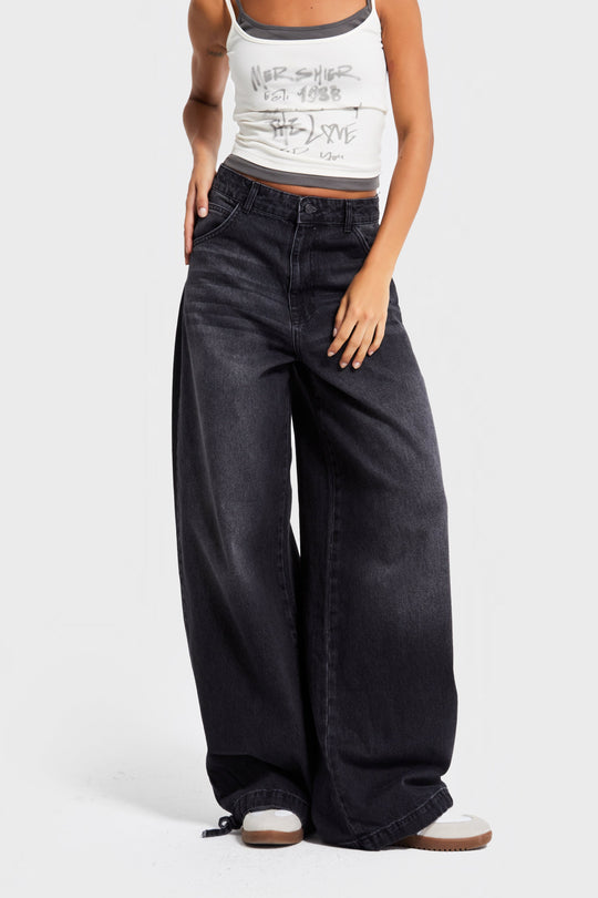 Routines Ankle Tie Baggy Jeans - Black 4222 Jeans Routines Fashion