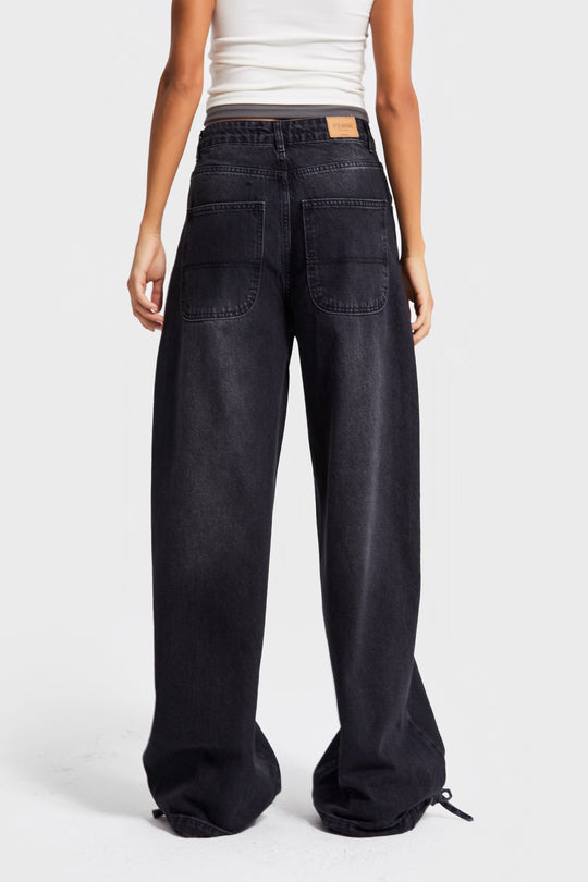 Routines Ankle Tie Baggy Jeans - Black 4222 Jeans Routines Fashion