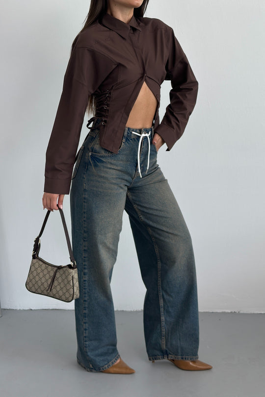Routines Back Striped Baggy Jeans - Dark Blue 3585 Jeans Routines Fashion