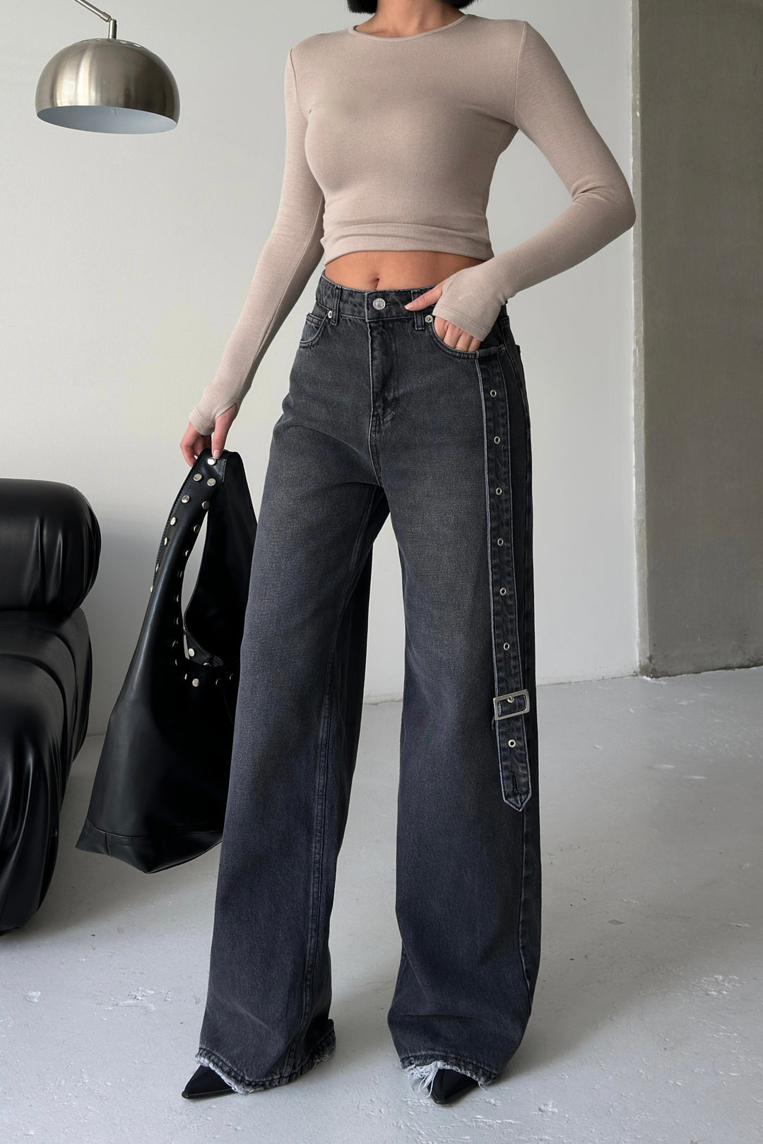 Routines Belt Baggy Straight Jeans - Washed Black 3686 Jeans Routines Fashion