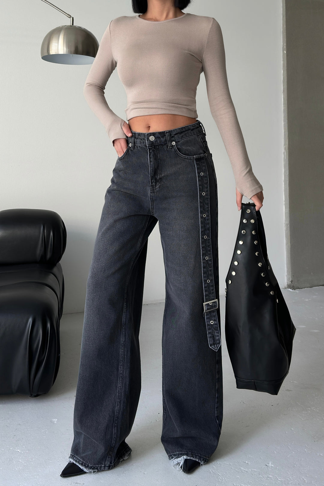 Routines Belt Baggy Straight Jeans - Washed Black 3686 Jeans Routines Fashion