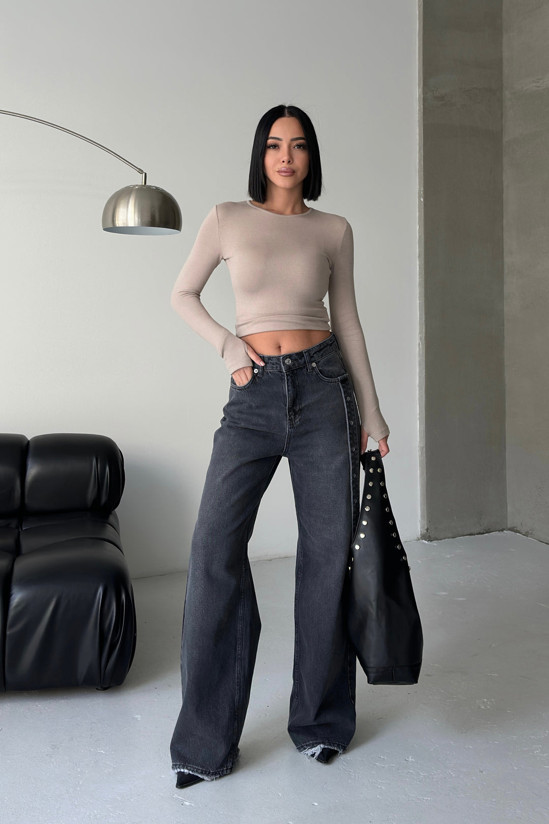 Routines Belt Baggy Straight Jeans - Washed Black 3686 Jeans Routines Fashion