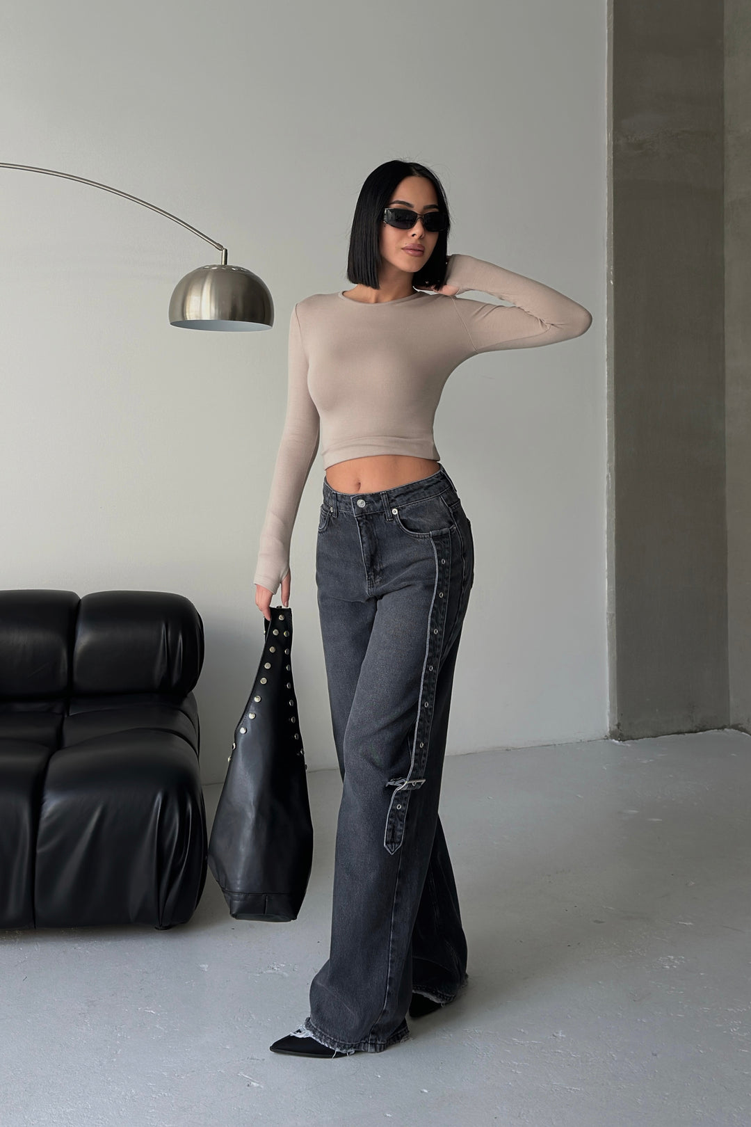 Routines Belt Baggy Straight Jeans - Washed Black 3686 Jeans Routines Fashion