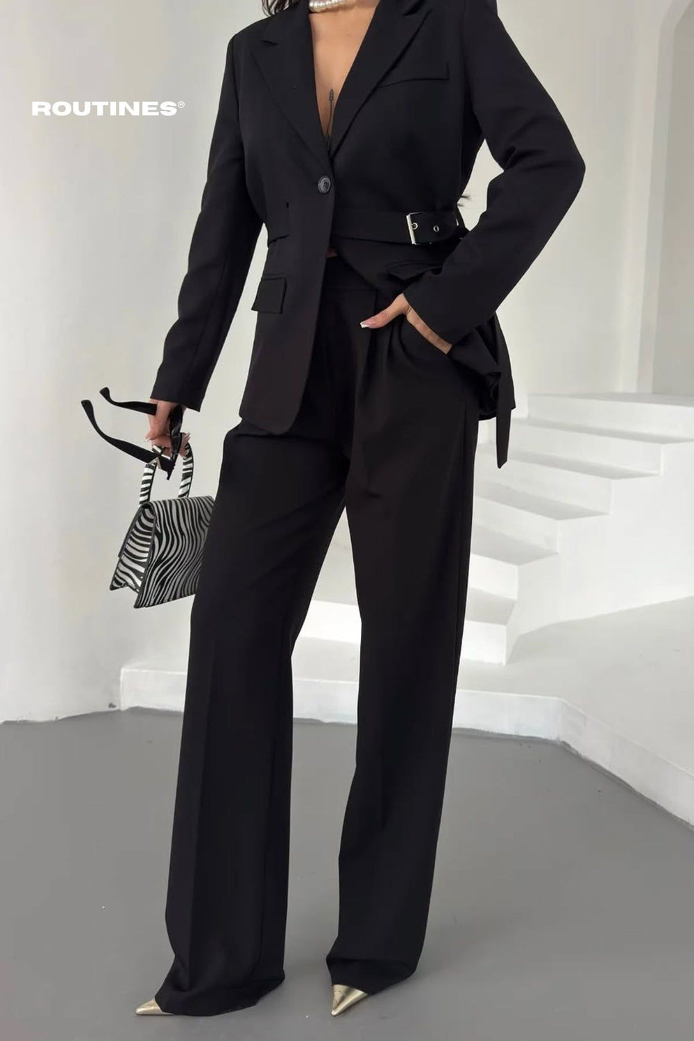 Routines Belted Blazer Two Piece Set - Black 9367 Set Routines Fashion
