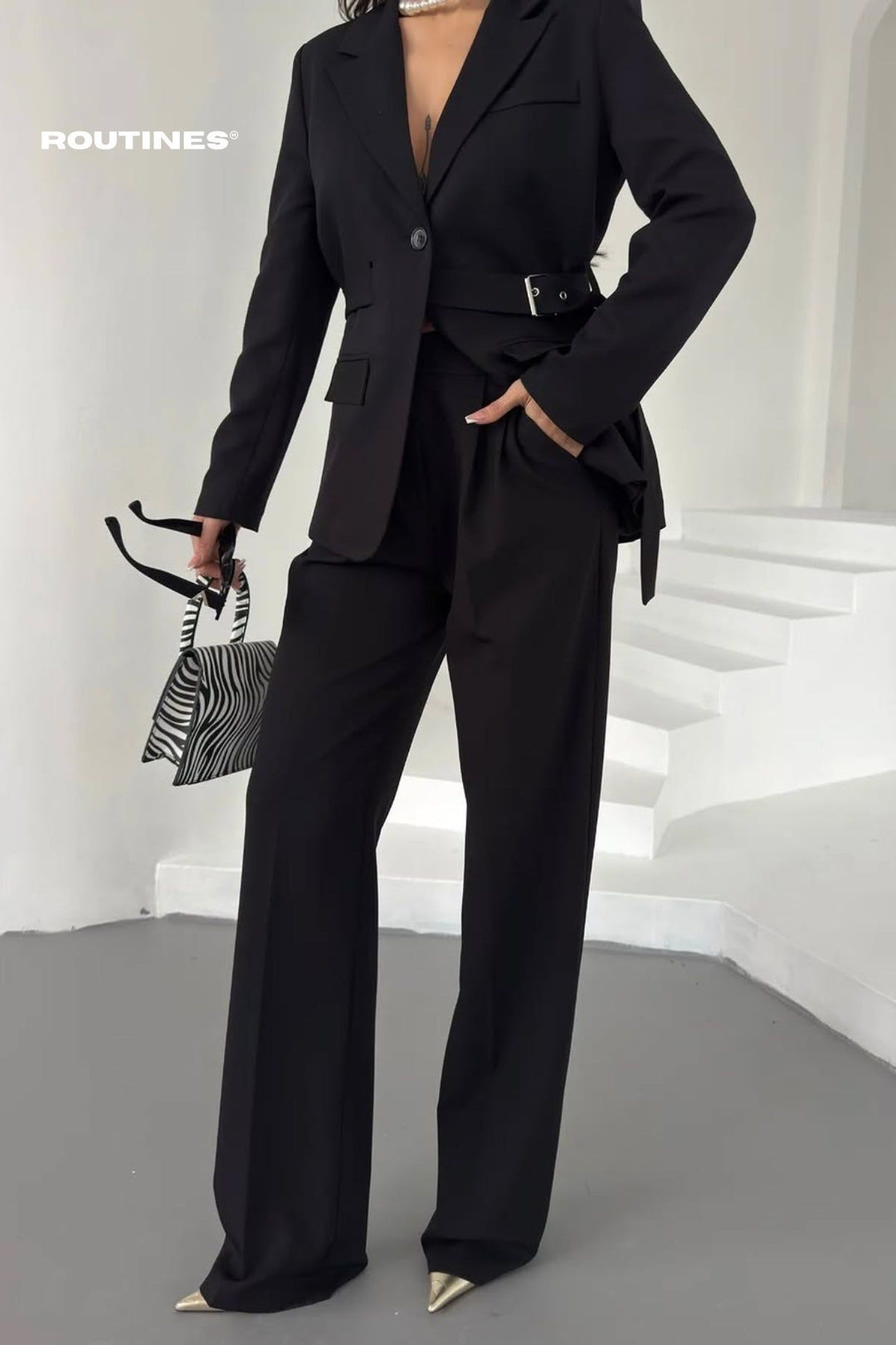 Routines Belted Blazer Two Piece Set - Black 9367 Set Routines Fashion