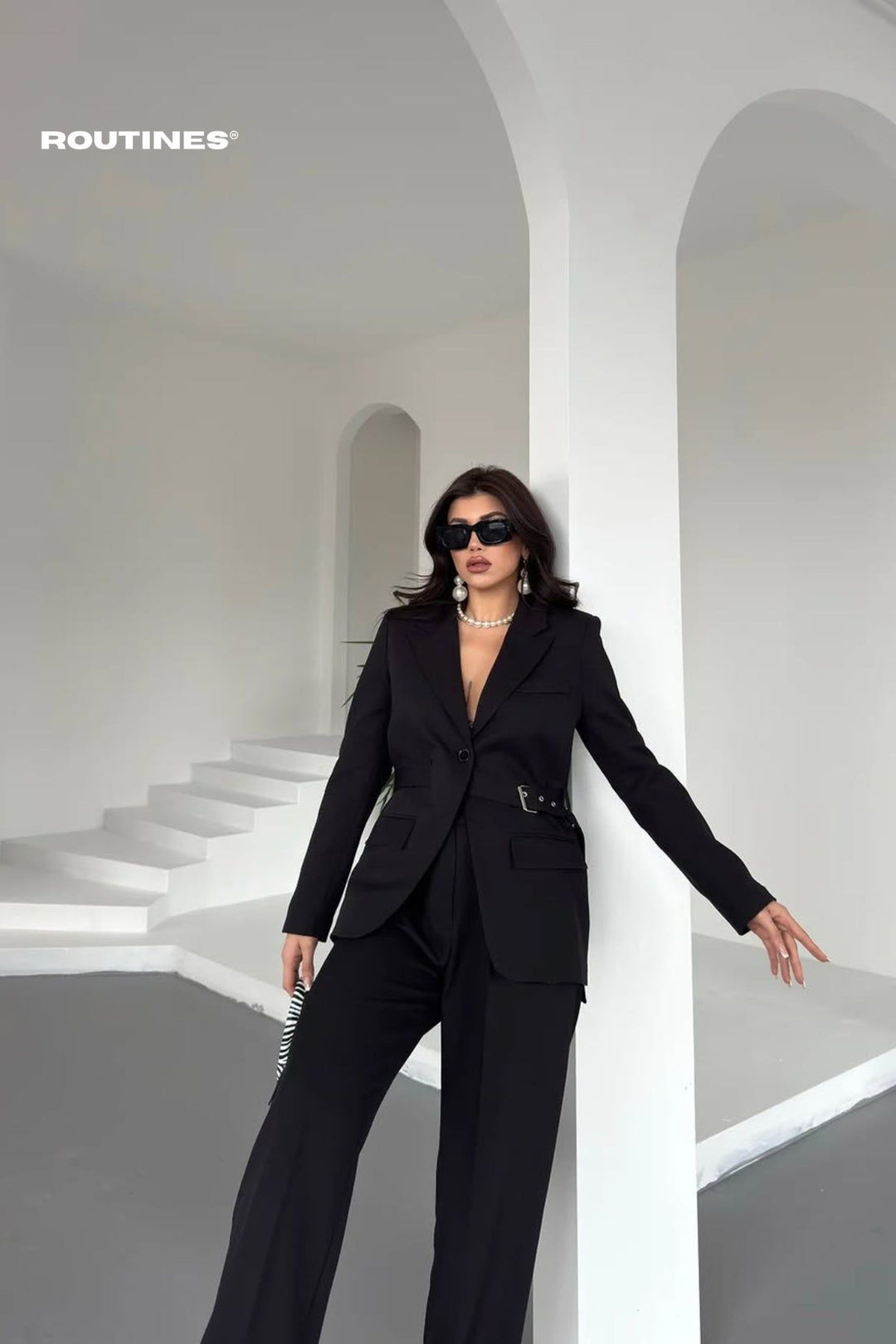 Routines Belted Blazer Two Piece Set - Black 9367 Set Routines Fashion