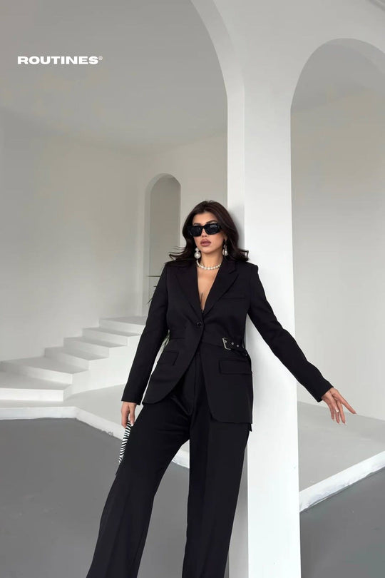 Routines Belted Blazer Two Piece Set - Black 9367 Set Routines Fashion