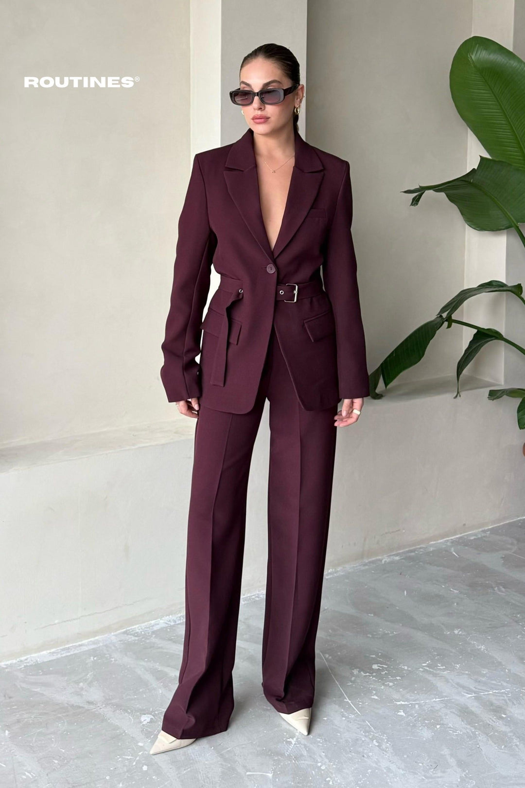 Routines Belted Blazer Two Piece Set - Burgundy - Tall 9367 Set Routines Fashion